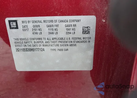 2017 Chevrolet Impala 1Lt z USA, uszkodzony, nr VIN 2G1105S38H9177124